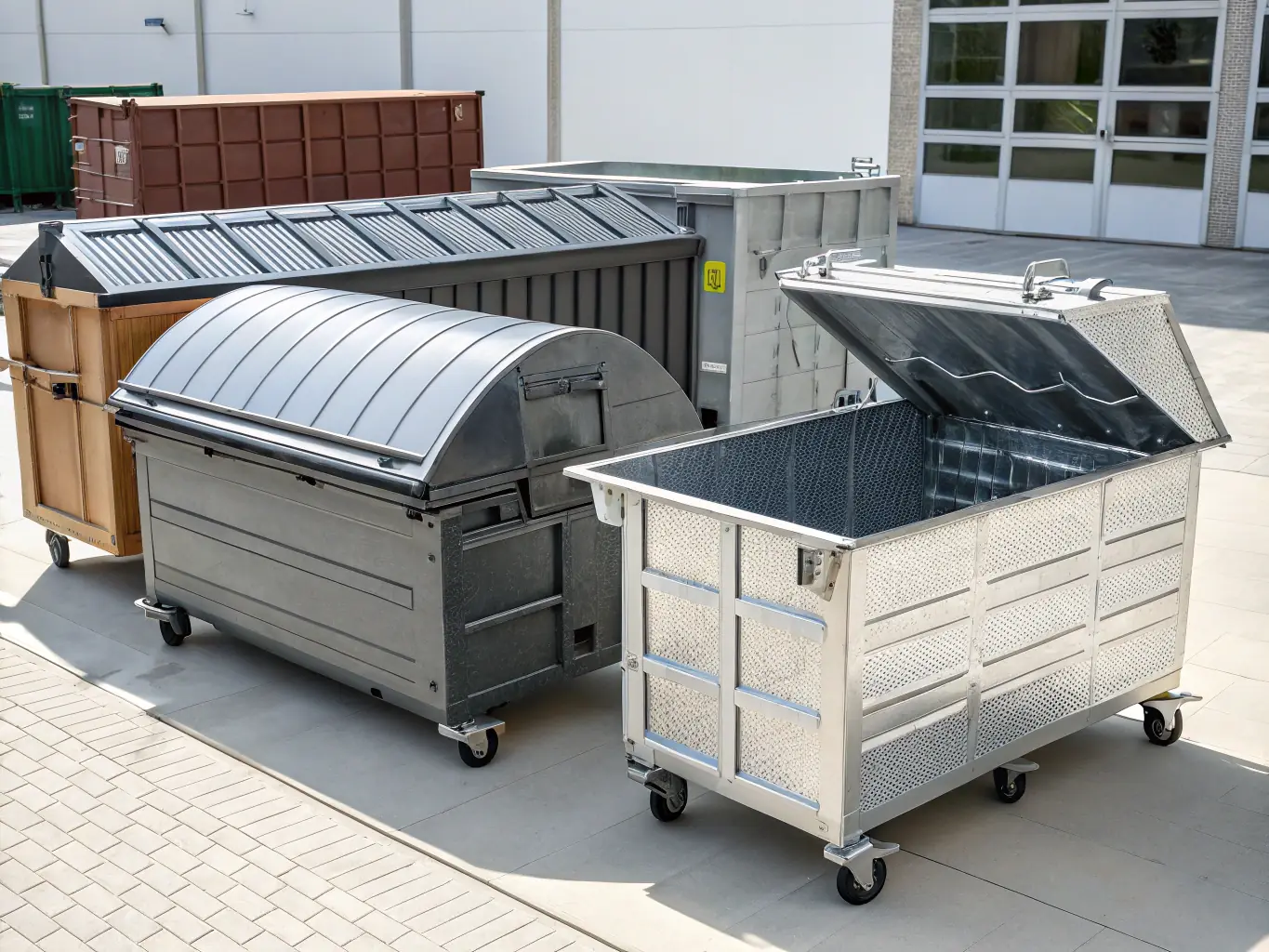 A photograph of various waste body types, showcasing the diversity of options available for different waste management needs.