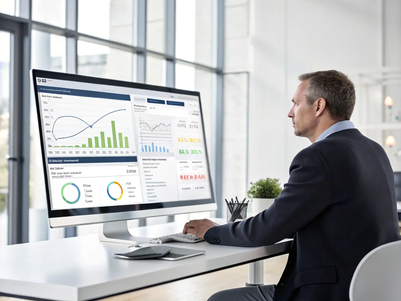 A digital illustration depicting a consultant analyzing data related to fleet performance and waste management efficiency.