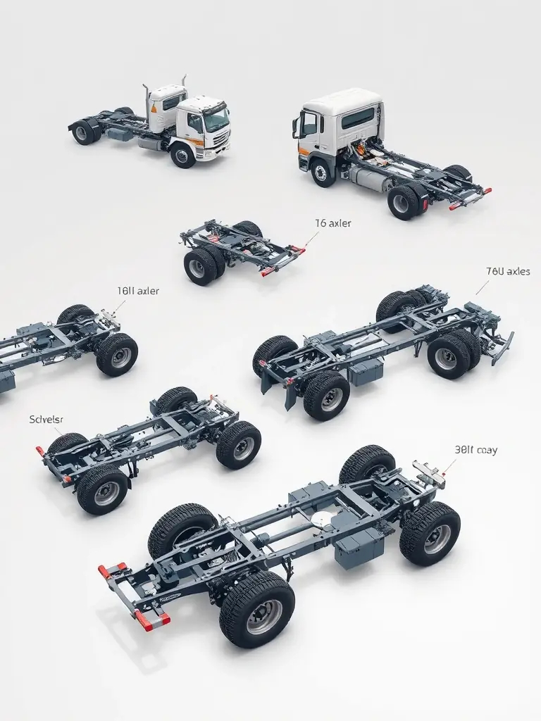 A detailed image showcasing various types of truck chassis, highlighting key features and specifications relevant to waste management applications.